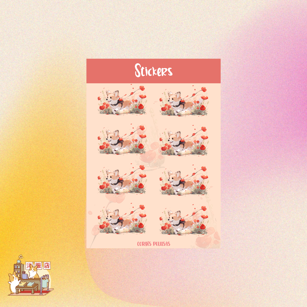 Plantilla de Stickers | Corgi flores