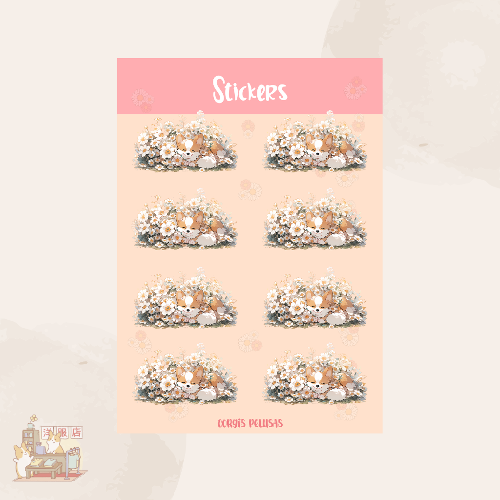 Plantilla de Stickers | Corgi con Margaritas