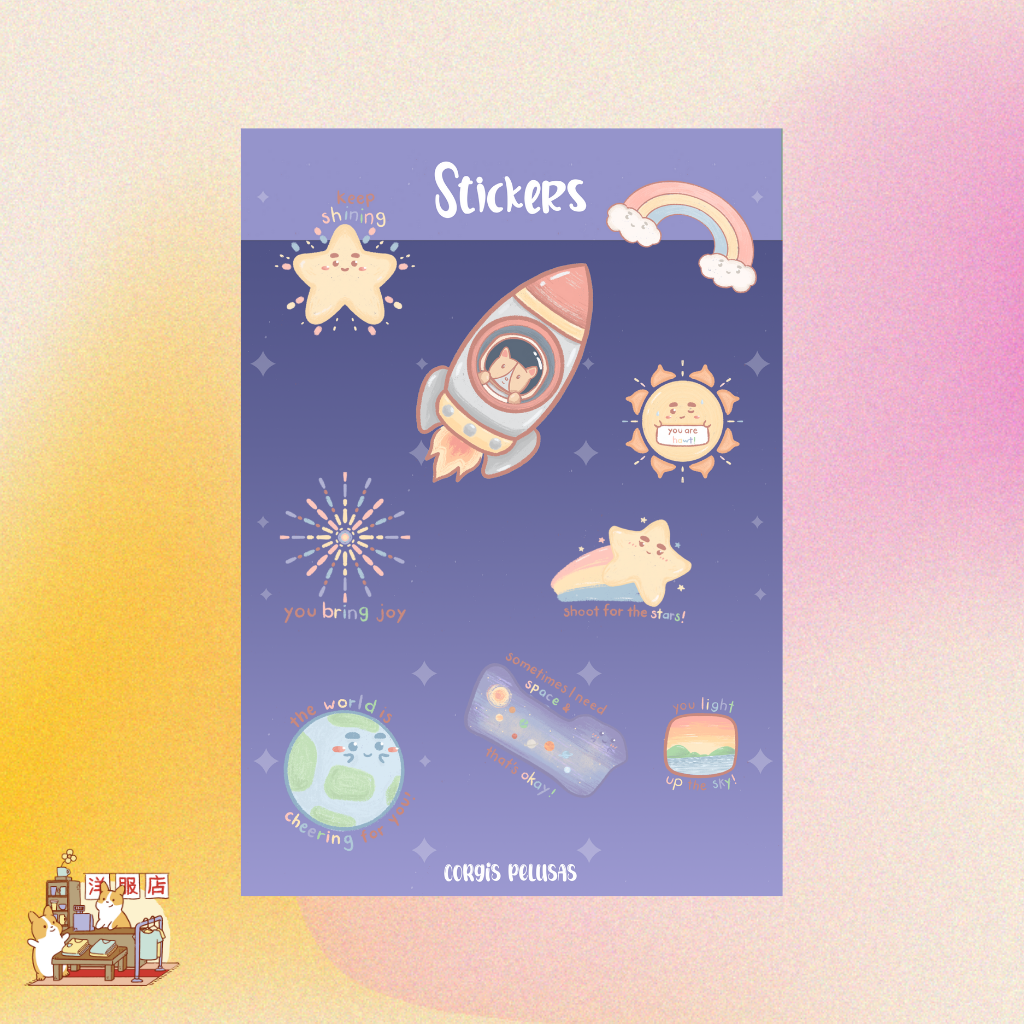 Plantilla de Stickers | Corgis al espacio